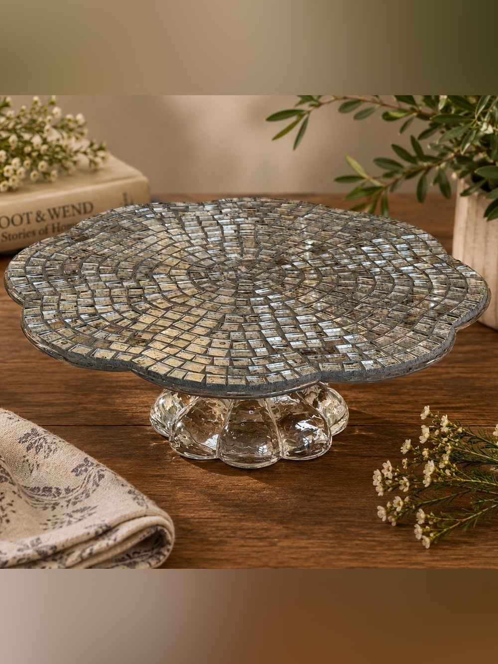 Mosaic Glass Cake Stand Pedestal Serving Tray